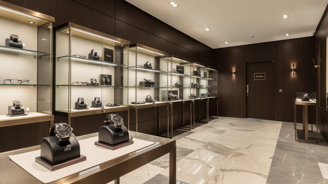Luxury boutique interior with glass display cases in Carrasco, Montevideo